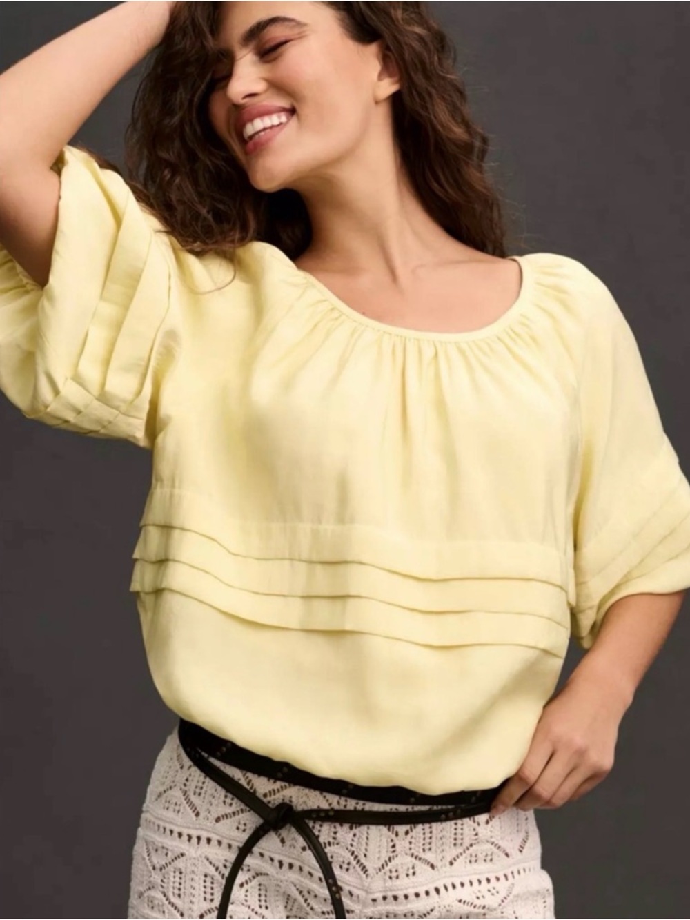 Maeve Anthropologie Butter Yellow Pleated Bubble Hem Scoop Neck Top
